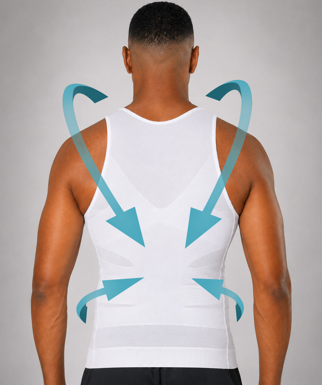 Débardeur correcteur de posture Curveless homme — schéma tenseurs dorsaux vue dos blanc