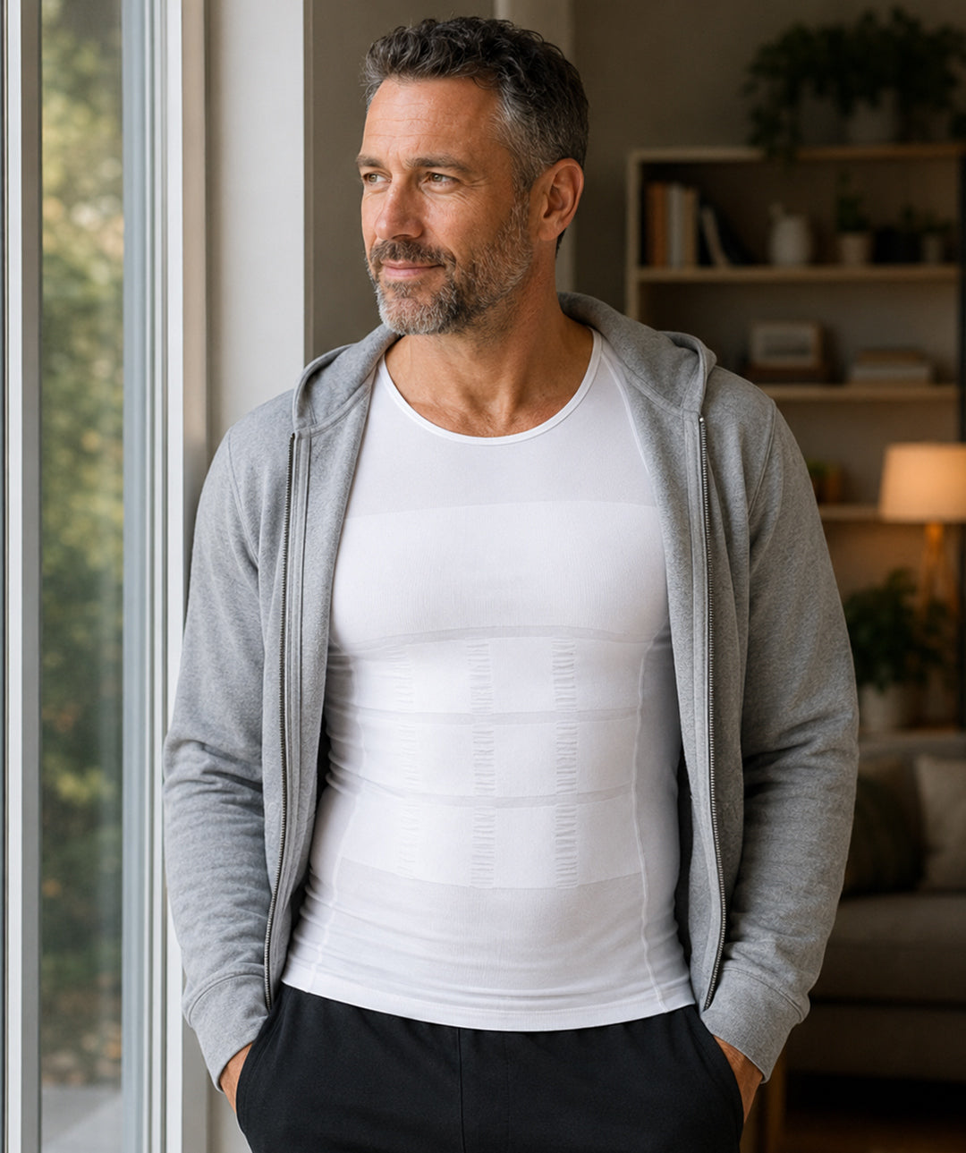 T-shirt correcteur posture homme Curveless blanc — porté en intérieur lifestyle